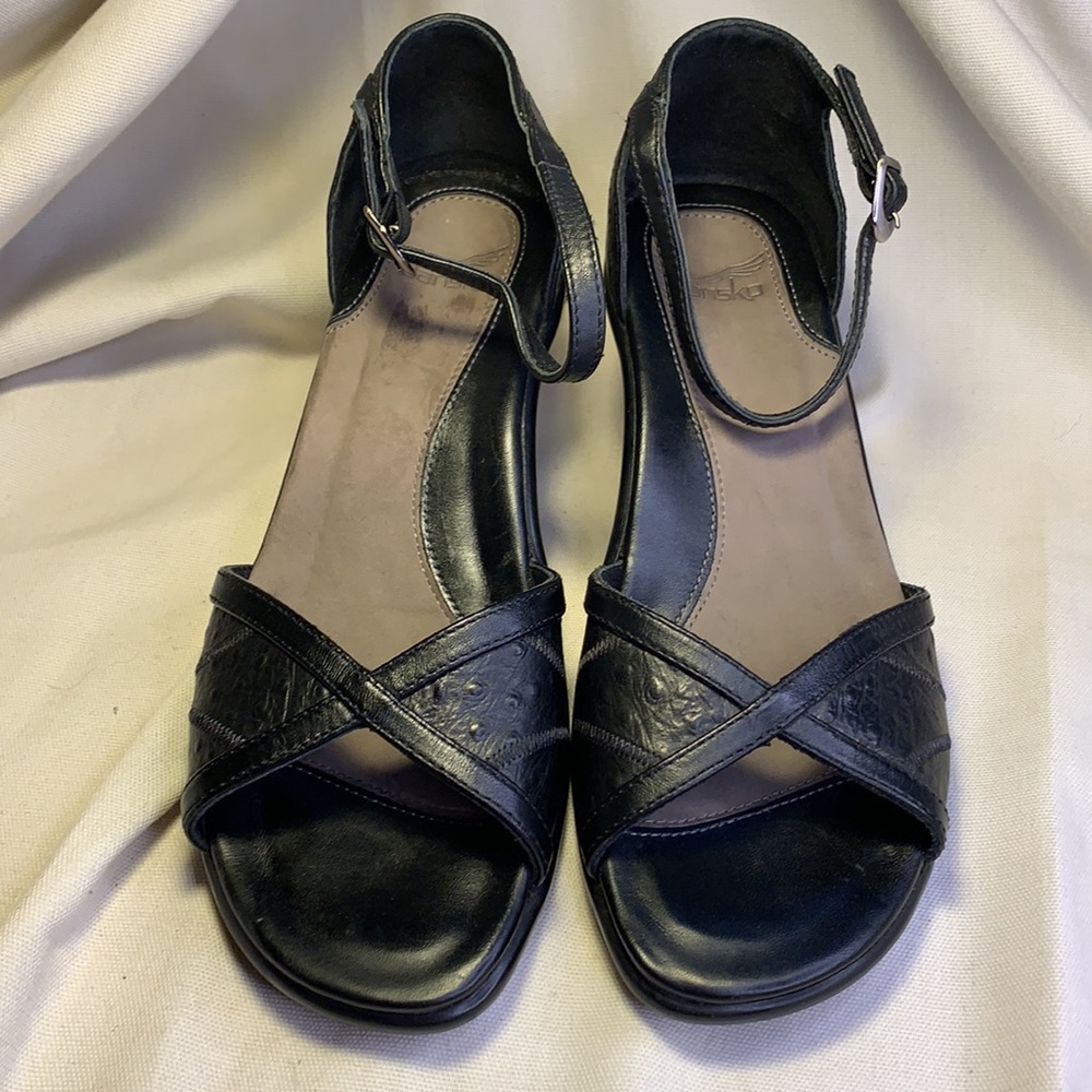 Dansko ostrich pattern leather ankle strap heels 2